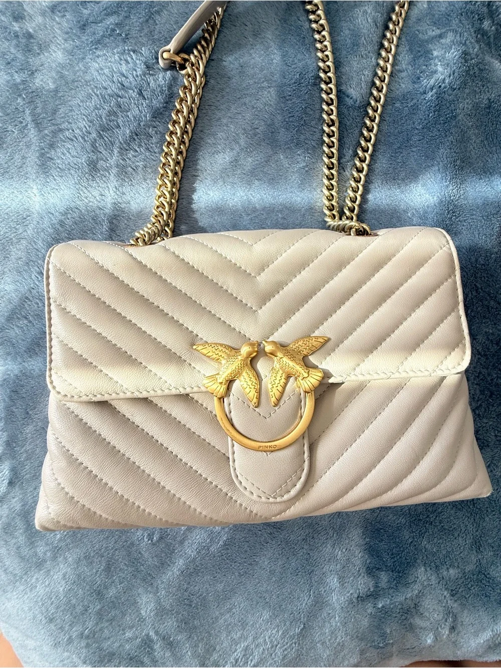 PINKO Love Bag Chevron Greige Leather Gold Chain Shoulder Bag